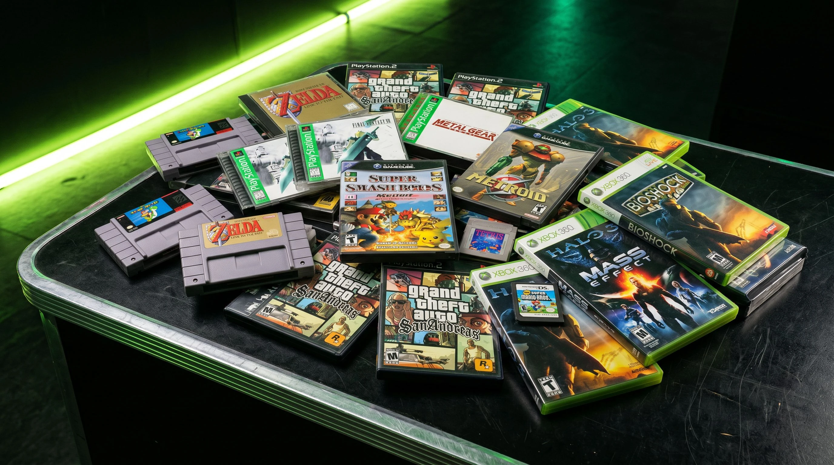 Großer Stapel gemischter Videospiele und Cartridges aller Generationen auf einer Ladentheke, für den Ankauf bereit