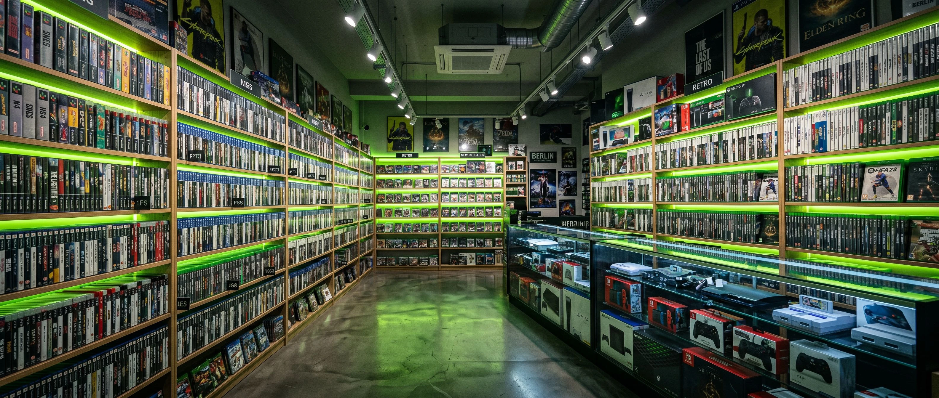 Innenansicht eines Berliner Videospielladens mit deckenhohen Regalen voller Spiele-Boxen, atmosphärisch beleuchtet durch neon-grünes Umgebungslicht