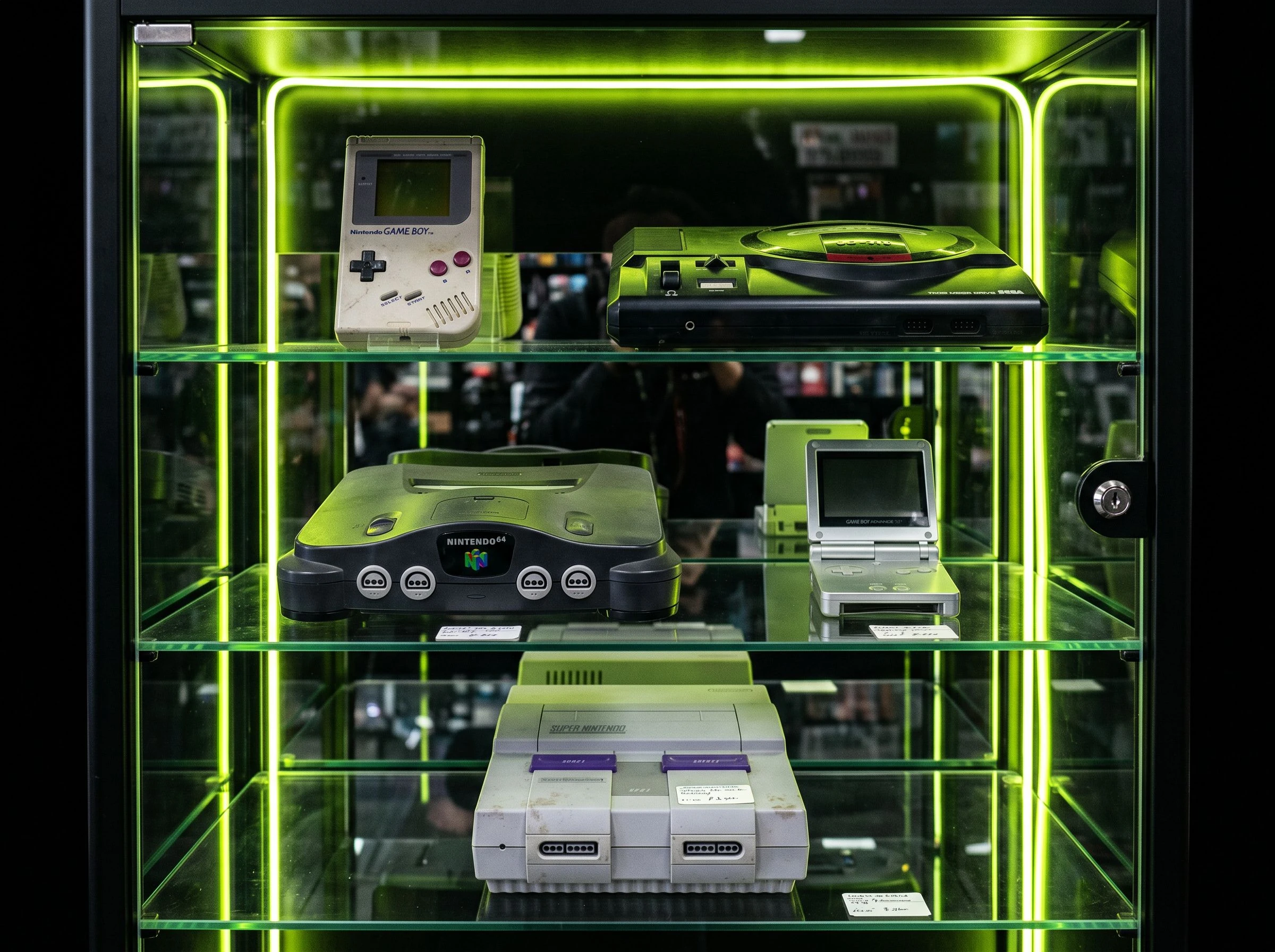 Glasvitrine eines Spieleladens mit original Retro-Konsolen wie Game Boy, Sega Mega Drive und SNES, spiegelnd beleuchtet