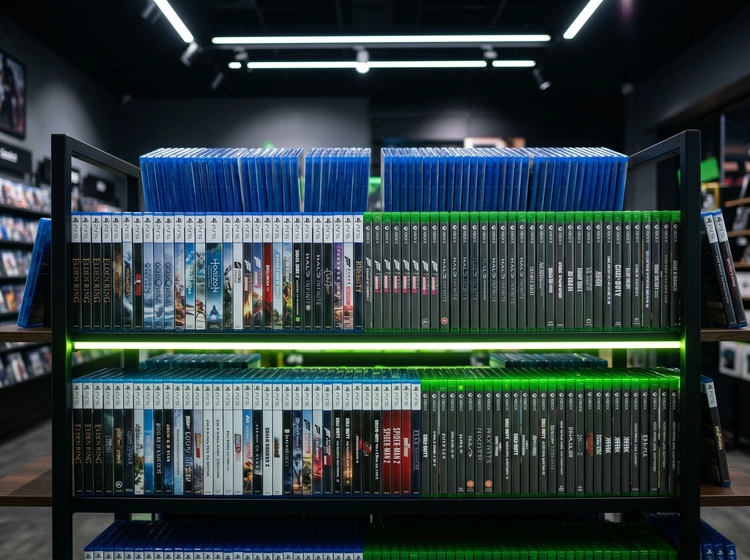 Ordentlich sortiertes Regal mit neuen Videospielen für aktuelle Konsolen, beleuchtet mit neon-grünem Akzentlicht